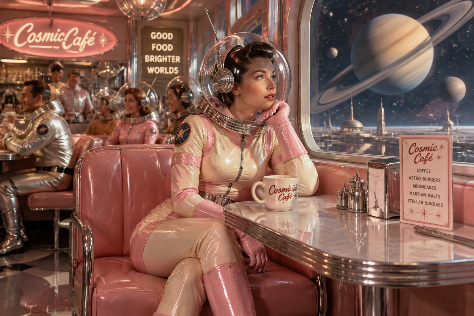 Cosmic Café Lady retro-futuristic artwork