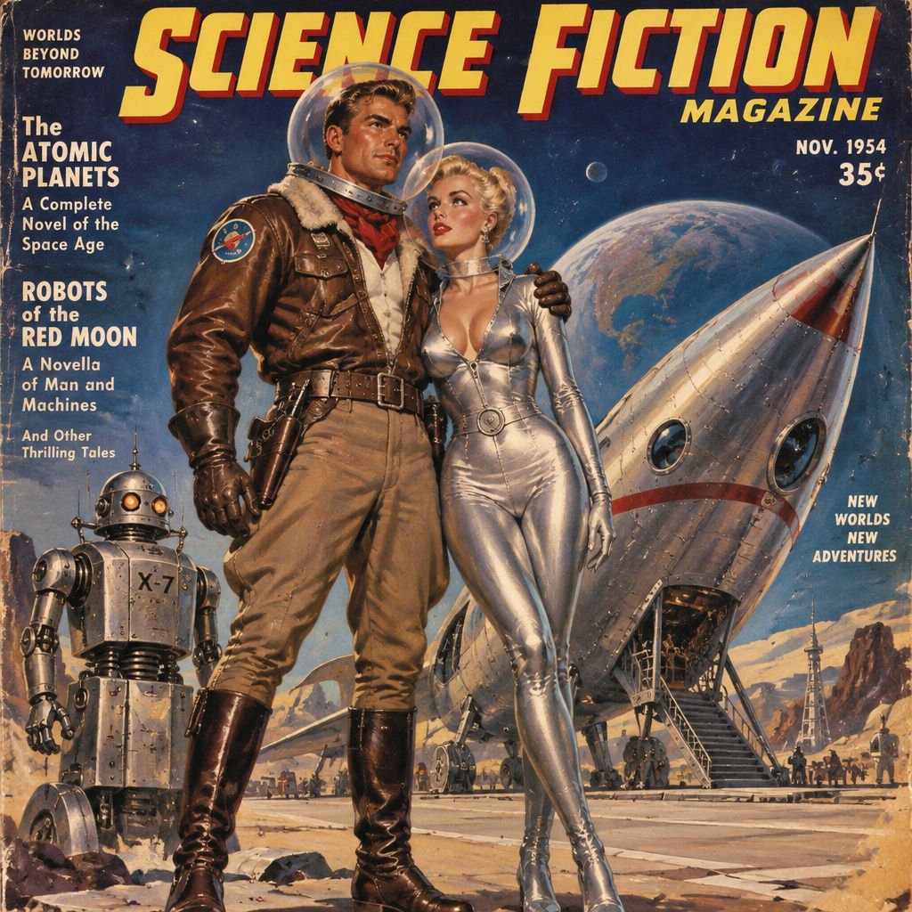 Science Fiction Magazine — Lovers on the Moon retro-futuristic artwork