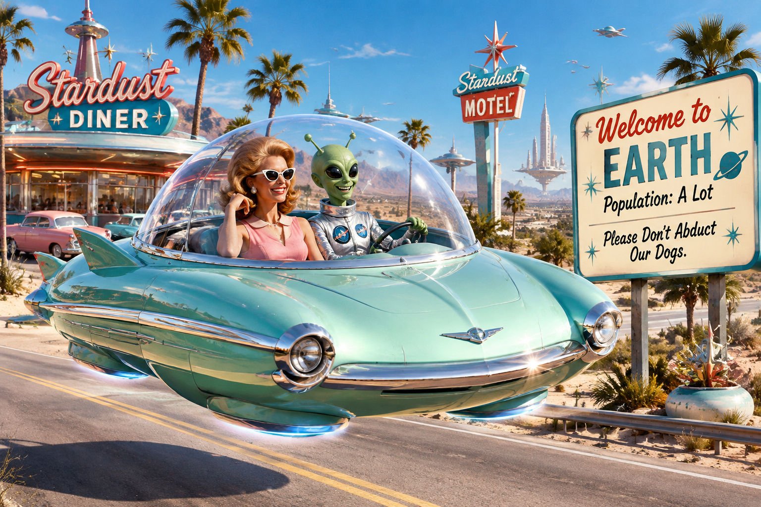 Welcome to Earth — Alien Greetings retro-futuristic artwork