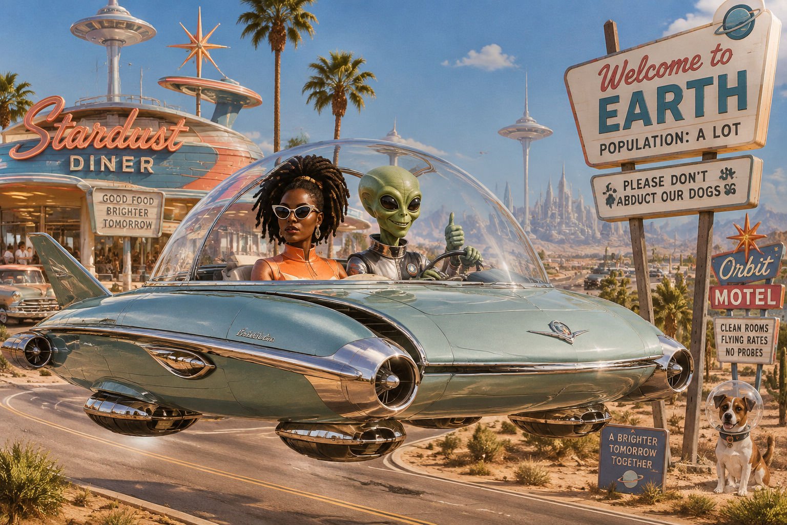 Welcome to Earth — Cosmic Road Trip retro-futuristic artwork